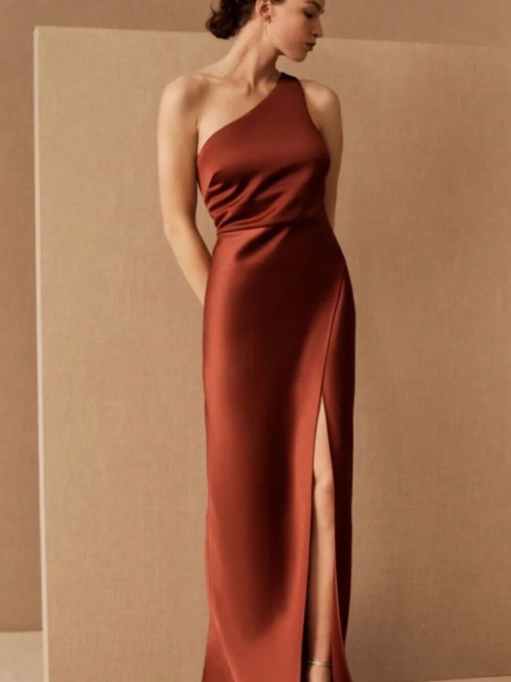 BHLDN Dylan One-Shoulder Satin Maxi Dress in Cinnamon - Picture 1 of 3